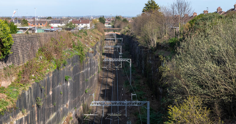The railway disappears into the distance between towering sandstone walls, illustrating the remarkable scale of Olive Mount Cutting.