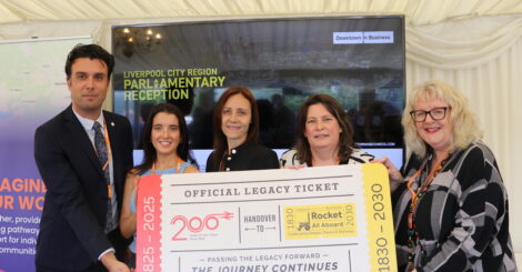 four people holding a large ticket with handover from Railway 200 to Rocket: All Board on it. They are standing infront of a large TV